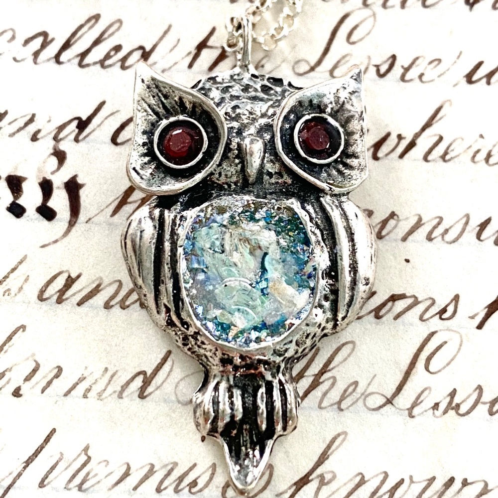 Sterling Silver 925 Roman Glass Owl Necklace